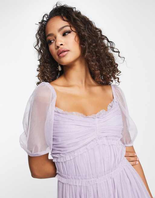 Anaya - Vestito lungo da damigella lilla con maniche a sbuffo, 3 di 4