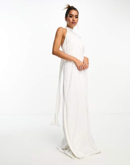 Anaya - Vestito lungo da sposa in raso color avorio allacciato al collo 