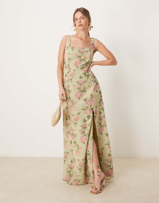 Anaya - Vestito lungo da sposa verde primavera con fascette con stampa a fiori