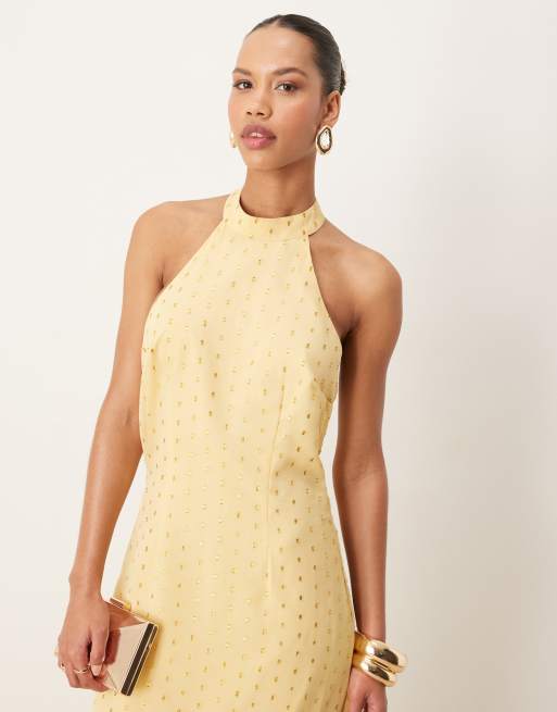 Anaya - Vestito lungo giallo burro allacciato al collo con dettagli laminati oro, 4 di 4
