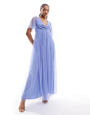 Anaya - Vestito lungo in tulle blu tenue incrociato sul davanti - view 1