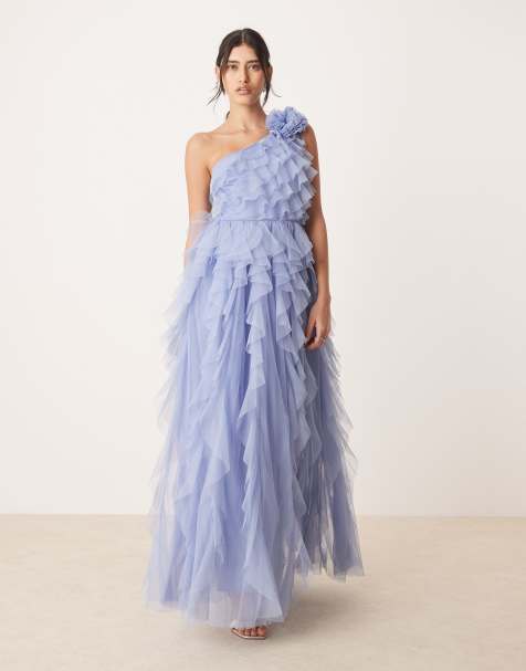 Anaya Waterfall one shoulder maxi dress in light blue