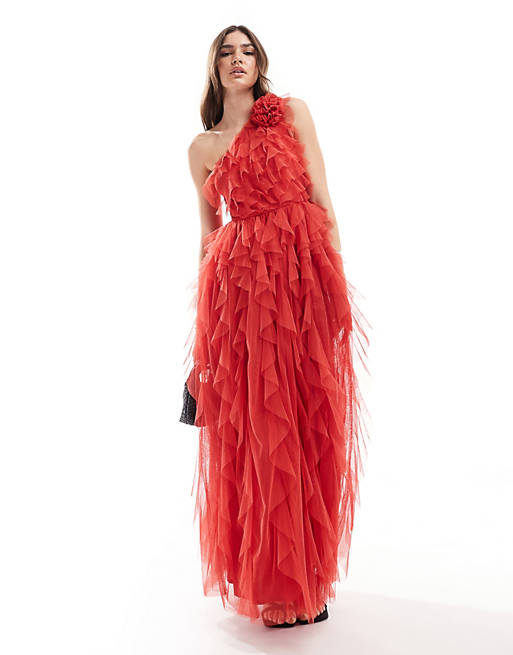 Anaya waterfall ruffle premium tulle maxi dress in red | ASOS