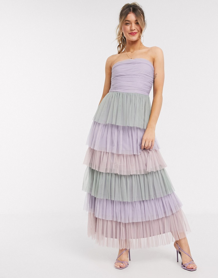 Anaya With Love bandeau contrast ruffle tiered midaxi prom dress in multi print