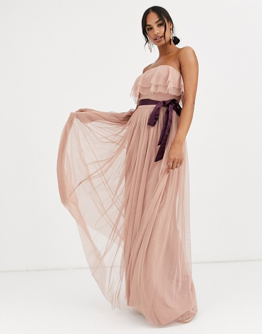 Anaya With Love bandeau maxi tulle dress with contrast waistband in burgundy