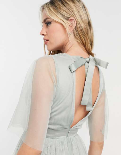 Anaya With Love – Brautjungfer – Maxikleid aus Tüll mit Flatterärmeln in Salbeigrün, 3 von 4