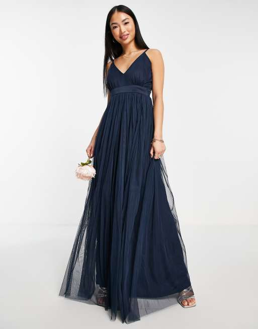Anaya With Love – Bridesmaid – Granatowa tiulowa sukienka maxi z głębokim dekoltem