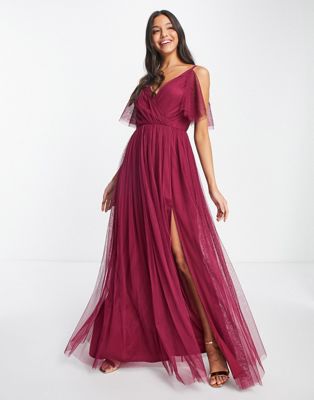 Anaya With Love Bridesmaid handkerchief shoulder dress in red plum - ASOS Price Checker
