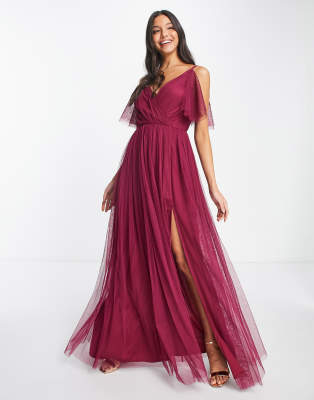 Anaya With Love Bridesmaid Handkerchief Shoulder Dress In Red Plum