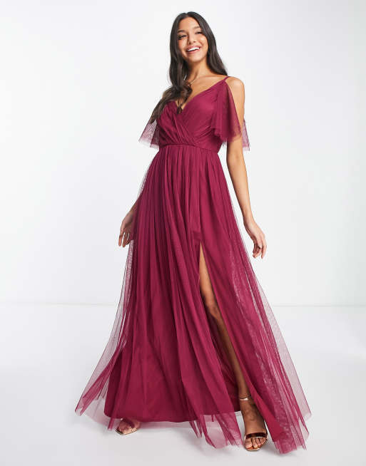 Anaya With Love Bridesmaid handkerchief shoulder dress in red plum