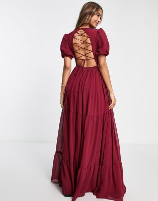 Anaya With Love Bridesmaid lace up back maxi dress in red plum - RED