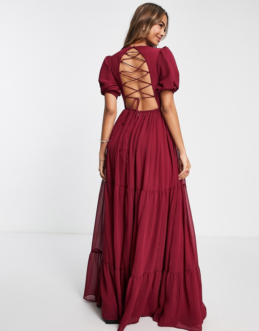 Anaya With Love Bridesmaid lace up back maxi dress in red plum - RED