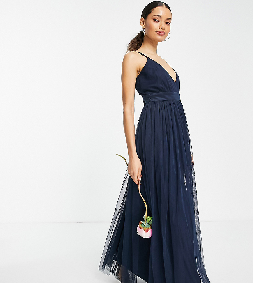 Anaya With Love Bridesmaid Petite tulle plunge front maxi dress in navy