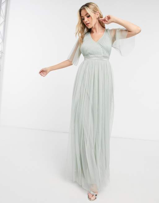 Anaya With Love Bridesmaid – Szarozielona tiulowa sukienka maxi ze zwiewnymi rękawami