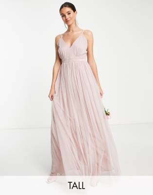 Anaya With Love Bridesmaid Tall tulle plunge front maxi dress in pink