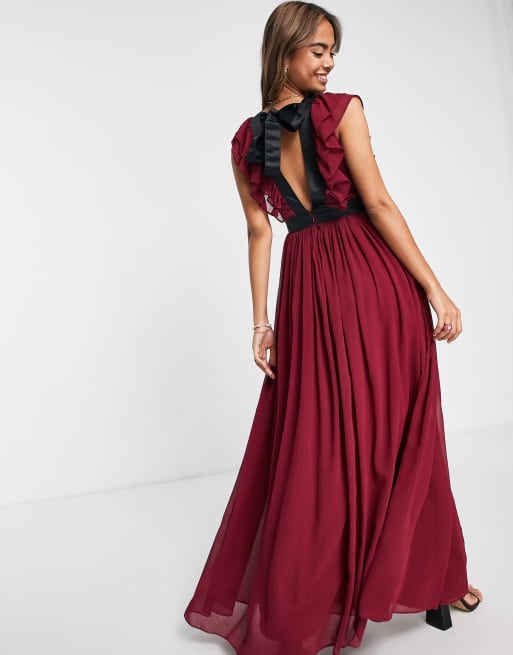 ASOS DESIGN ruched bodice drape maxi dress with wrap waist in red