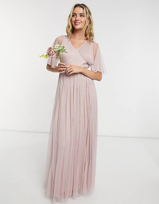 Anaya With Love Bridesmaid tulle flutter sleeve maxi dress in pink