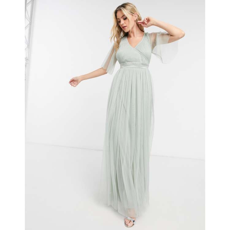 Anaya With Love Bridesmaid tulle flutter sleeve maxi dress in sage | ASOS