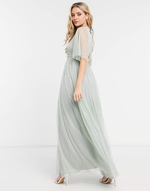 Anaya With Love Bridesmaid tulle flutter sleeve maxi dress in sage, 2 of 4