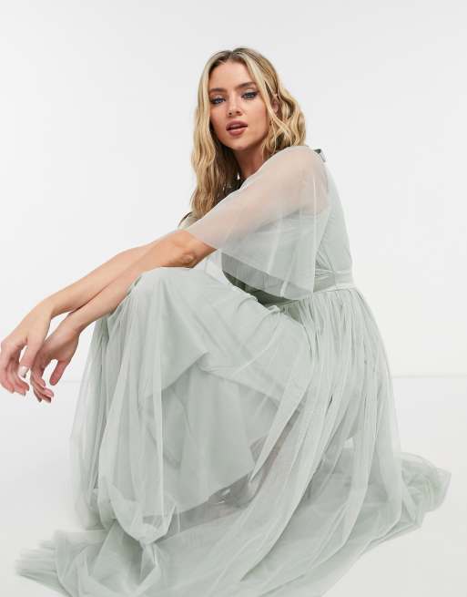 Asos tulle midi outlet dress with sheer sleeve