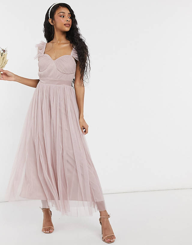 Anaya - with love bridesmaid tulle frill sleeve midaxi dress in pink