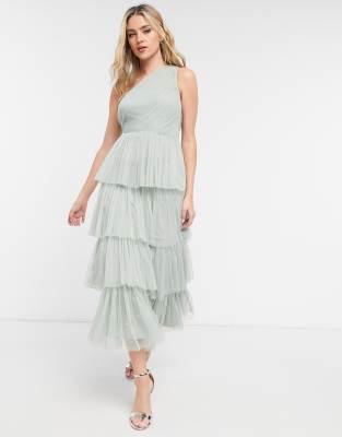 Anaya With Love Bridesmaid tulle one shoulder ruffle tiered midaxi dress in sage-Green