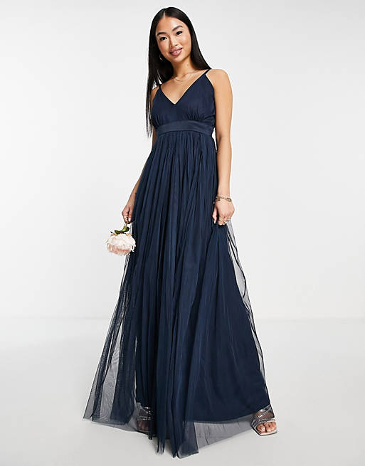 Anaya With Love Bridesmaid tulle plunge front maxi dress in navy