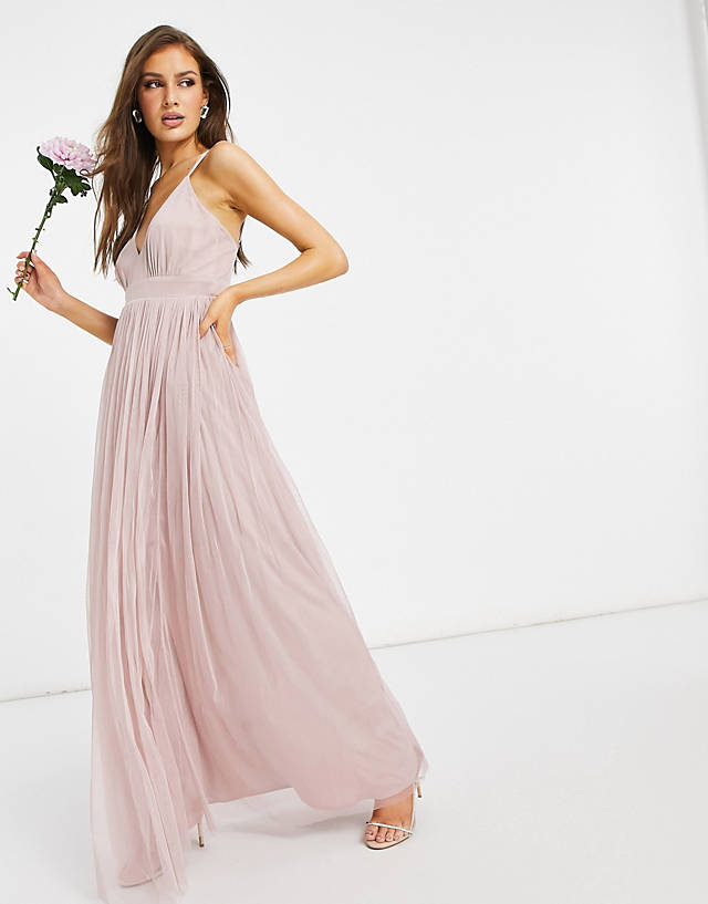 Anaya - with love bridesmaid tulle plunge front maxi dress in pink