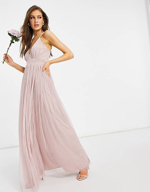 Anaya With Love Bridesmaid tulle plunge front maxi dress in pink