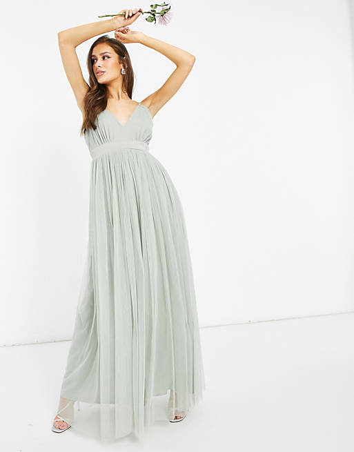 Asos Women Clothing Dresses Maxi Dresses With Love Bridesmaid tulle plunge front maxi dress in sage 