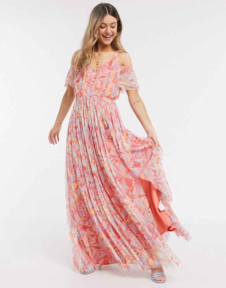 Anaya With Love cold shoulder all over floral printed pleat maxi dress in multi print