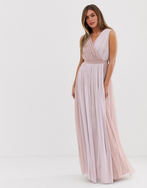 Anaya With Love contrast tulle wrap front maxi dress with satin trim in tonal