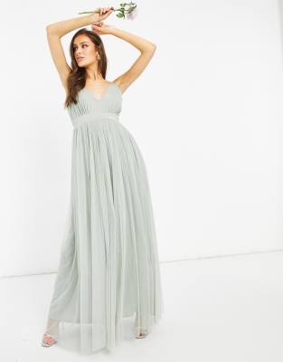Anaya With Love Bridesmaid tulle plunge front maxi dress in sage - ASOS Price Checker