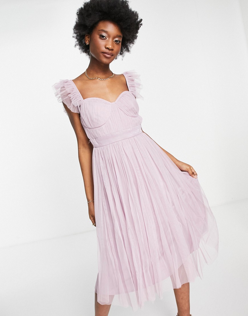 Anaya With Love flutter sleeve midi dress in lilac tulle-Purple
