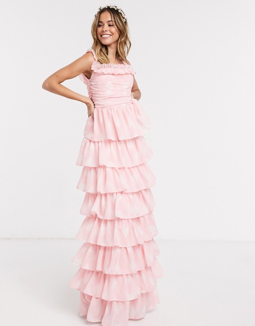 Anaya With Love frill off shoulder printed tiered prom maxi dress in pink print
