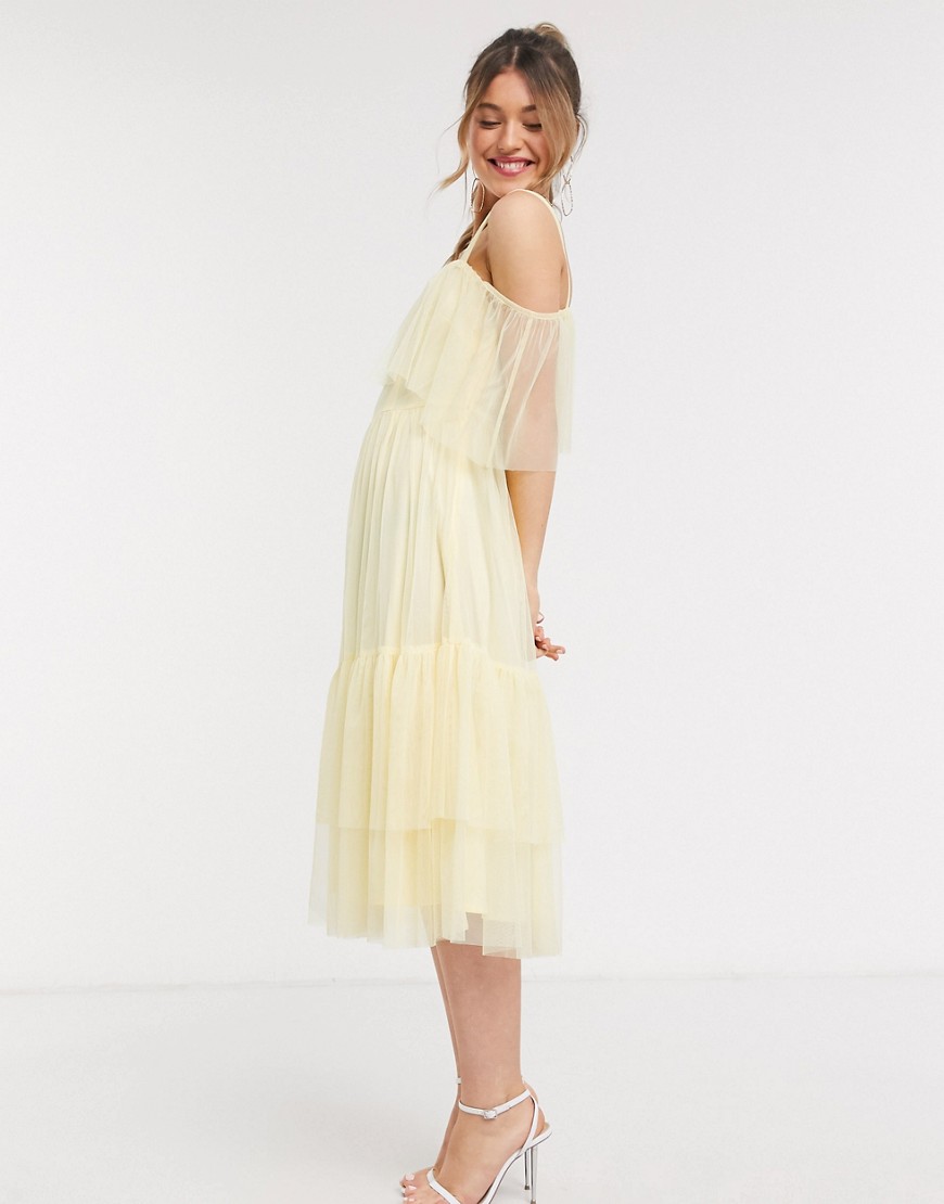 Anaya With Love frilly one shoulder tiered midi dress in yellow
