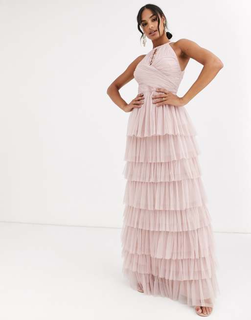 Anaya With Love halter neck tiered maxi dress with keyhole detail in frosted pink ASOS