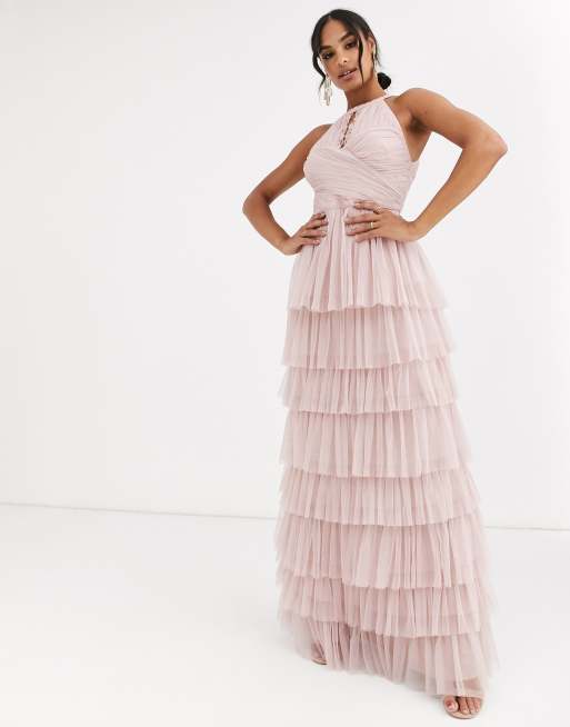 Anaya With Love halter neck tiered maxi dress with keyhole detail in frosted pink