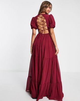 Anaya With Love - L'invitée - Robe longue avec lacets dans le dos - Rouge prune - RED | ASOS
