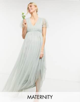 Anaya With Love Maternity Bridesmaid tulle cap sleeve maxi dress in sage-Green