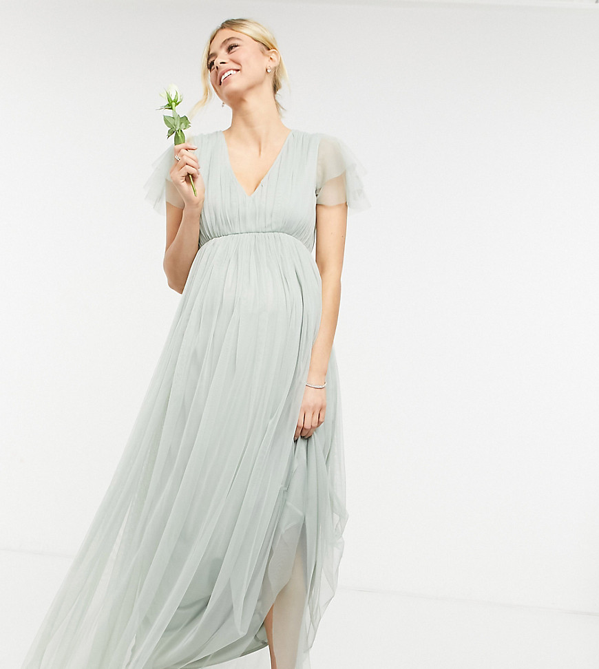 Anaya With Love Maternity Bridesmaid tulle cap sleeve maxi dress in sage-Green