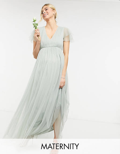  Anaya With Love Maternity Bridesmaid tulle cap sleeve maxi dress in sage 