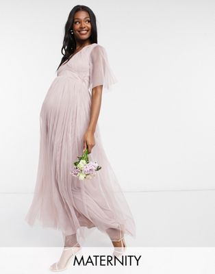 Anaya With Love Maternity Bridesmaid tulle flutter sleeve maxi dress in pink - ASOS Price Checker