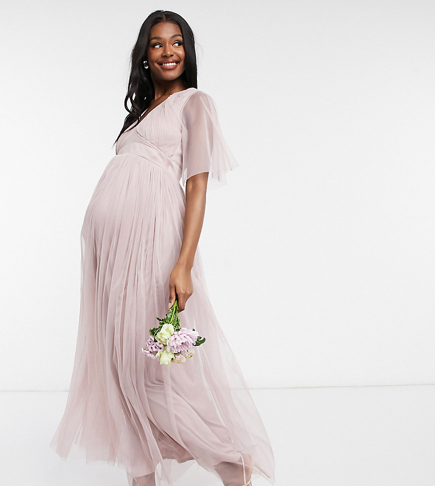 Anaya With Love Maternity Bridesmaid tulle flutter sleeve maxi dress in pink