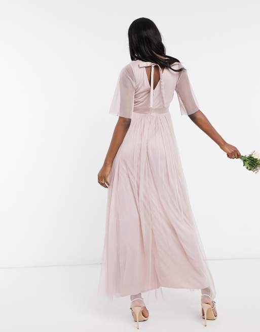 Anaya With Love Maternity Bridesmaid tulle flutter sleeve maxi dress in pink, 2 of 4