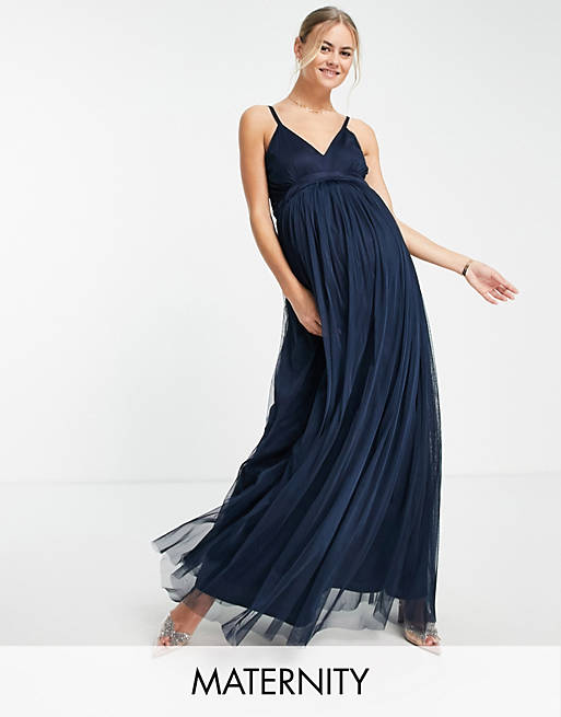  Anaya with Love Maternity Bridesmaid tulle plunge front maxi dress in navy 