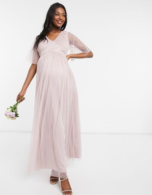 Anaya With Love Maternity – Różowa tiulowa sukienka maxi dla druhny z  powiewającymi rękawami | ASOS