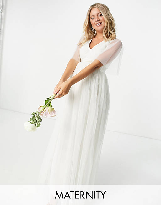 Anaya With Love Maternity tulle flutter sleeve maxi dress in white
