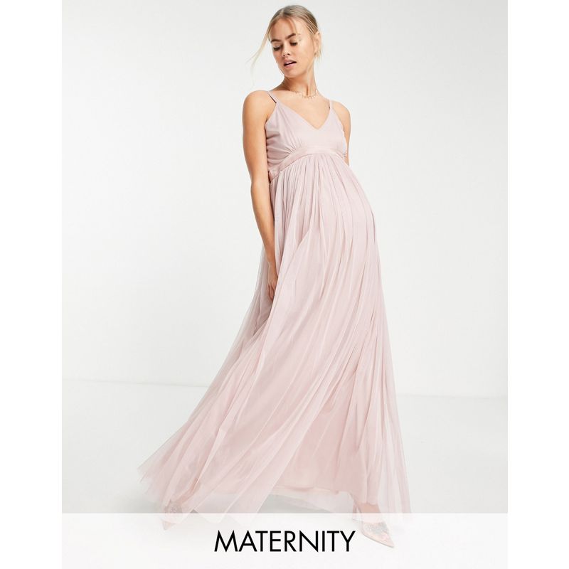 Vestiti hAZoO Anaya with Love Maternity - Vestito lungo da damigella in tulle rosa con scollo profondo sul davanti