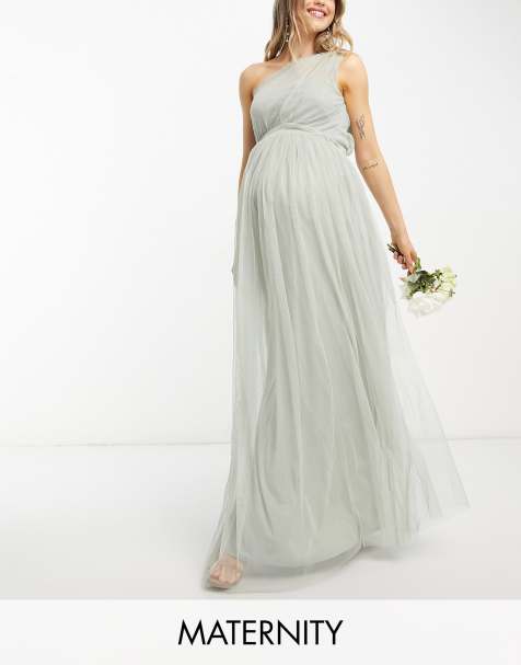Anaya With Love Maternity - Vestito lungo da damigella monospalla in tulle verde salvia - view 1